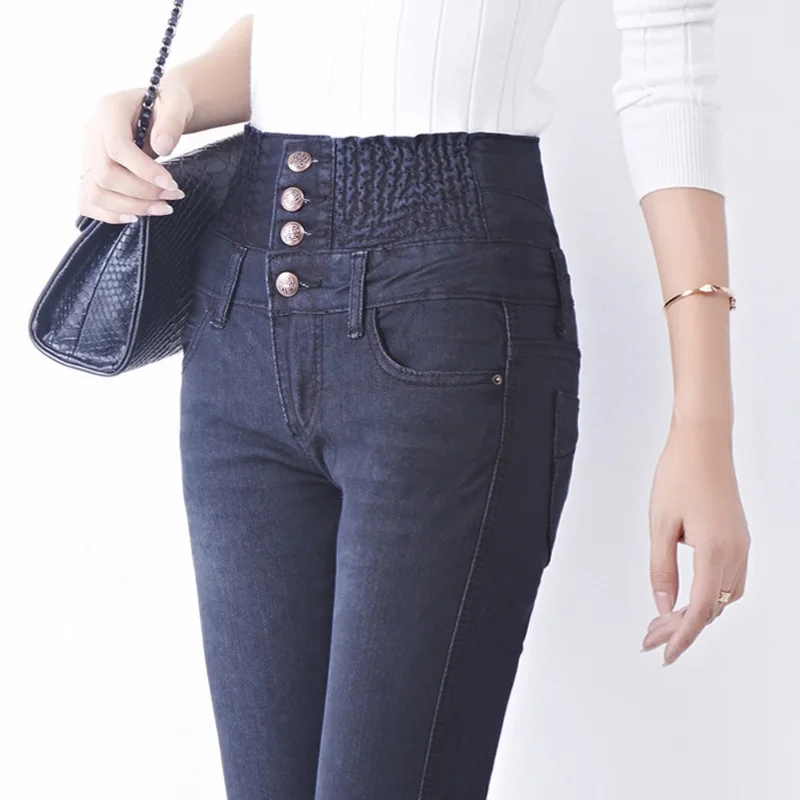 Jbersee, высокое качество, плюс эластичная одежда большого размера, приталенные джинсы, повседневные Ретро Джинсы бойфренда, высокая талия, эластичные Женские джинсы-карандаш - Цвет: Black
