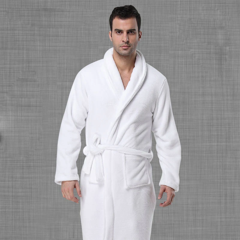 Men's Coral Fleece Robe Autumn Winter Male White Thick Warm Bathrobe