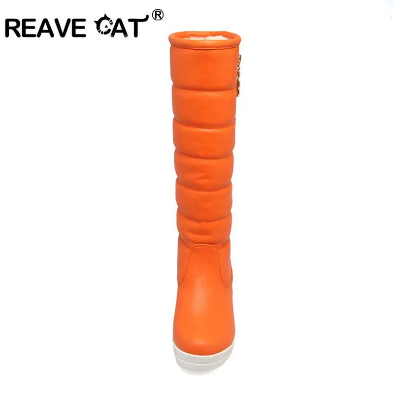 REAVE CAT/Большие размеры 34-42, Зимняя Теплая обувь на меху женские пикантные зимние сапоги до колена водонепроницаемая обувь на танкетке теплая обувь, A178