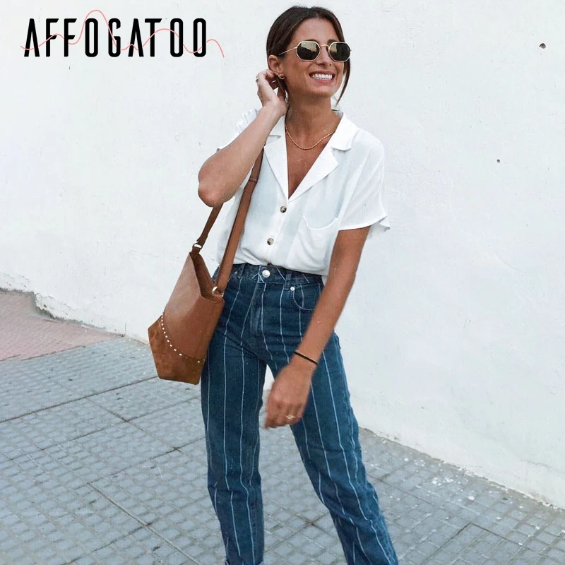 Affogatoo Sexy stripe denim women zipper pants Fashion pocket blue jeans women Casual streetwaer skinny slim autumn trousers