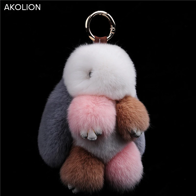 

AKOLION Top Quality Rabbit Keychain Pendant Fluffy Bunny Keychain Rabbit Fur Pompom Toy Bag Charm Car Key Ring