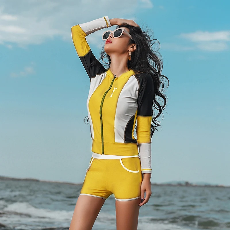 قافية سيدة طويل كم Rashguard النساء تصفح ملابس السباحة ثلاث قطع اللون الأصفر ملابس السباحة عالية الجودة الشمس حماية بذلة