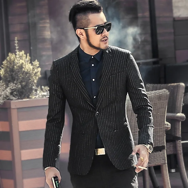 Men autumn fashion casual black vertical stripe suit metrosexual man ...