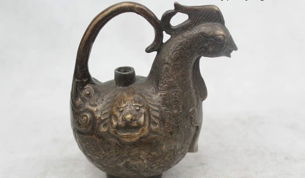 6&quotChinese Folk Pure Bronze excellent Lucky Lifelike animal phoenix kettle | Дом и сад