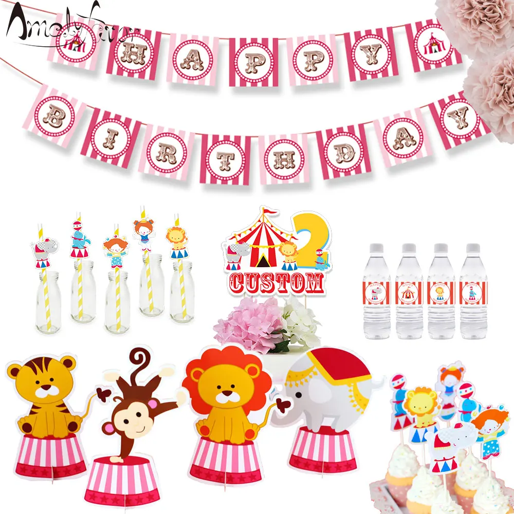 

Circus Animal Theme Party Supplies Box Invitation Ceiling Hanging Straws Bags Cake Topper Bottle Wrapper Banner Party Decoration