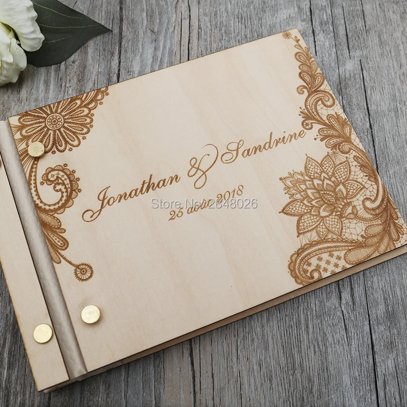 lace engraved wedding guestbook,wooden Wedding floral lace guest book, personalized sign in album