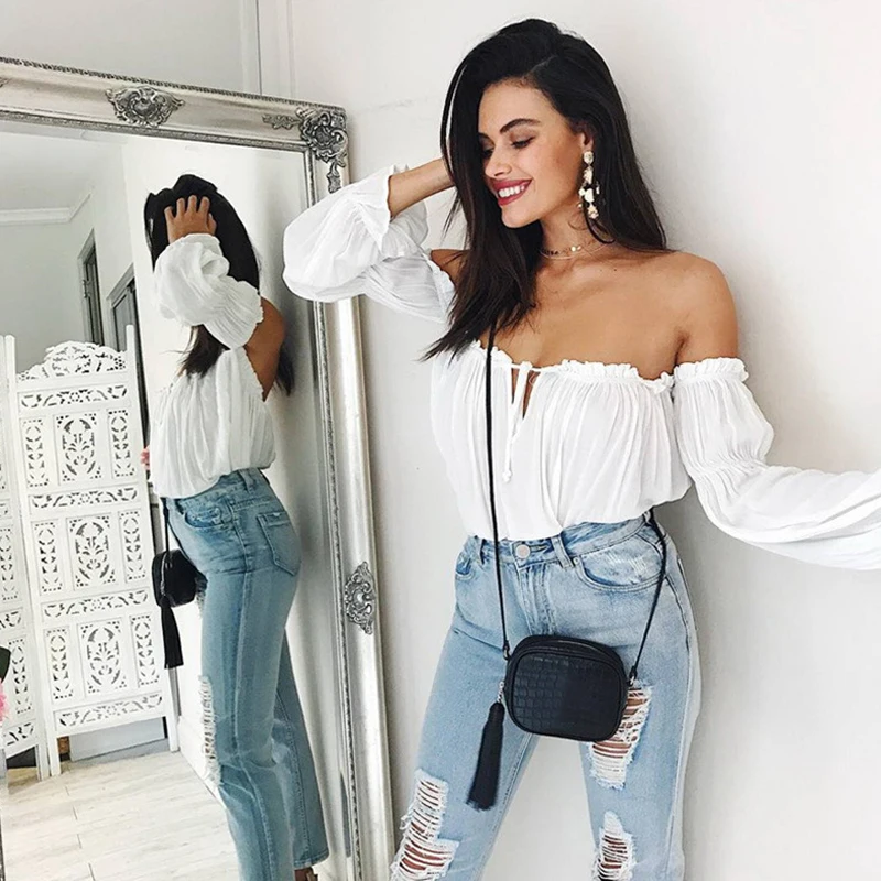 

Umeko Off Shoulder Blouse Casual Slash Neck Long Puff Sleeve Bow Shirts Ruffle Chiffon Bandage Backless Tube Tops Chemisier