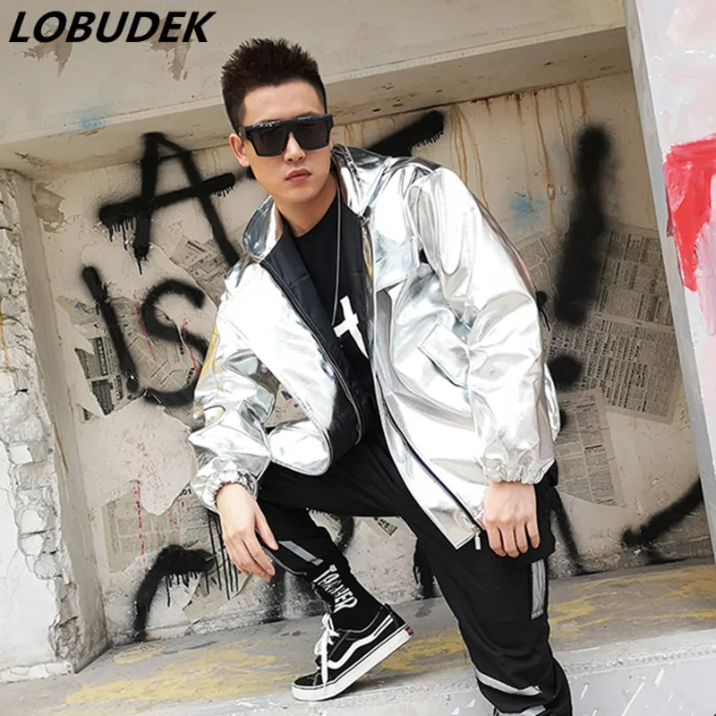 2019 Mannen Zilver Goud PU Leer Capuchon Herfst Winter Faux Leer Losse Jas Zanger Dancer Rock Hip Hop Podium kostuum 2019 Mannen Zilver Goud PU Leer Capuchon Herfst Winter Faux Leer Losse Jas Zanger Dancer Rock Hip Hop Podium kostuum