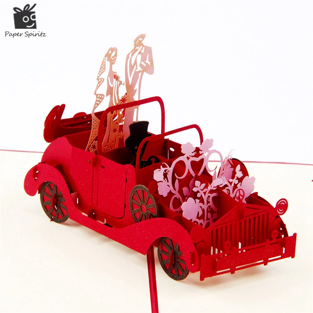  Red 3D Wedding Carriage with Lovers Personalized Handmade 3D Greeting Cards POP UP Cards Invitation - 32651908448