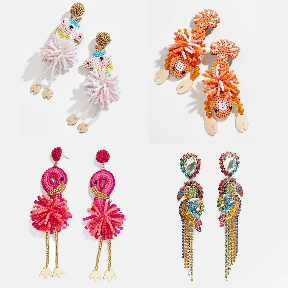 

Girlgo Brand Beads Flamingo Dangle Earrings For Women Charm Unicorn Macaws Crystal Statement Drop Earrings Porm Brincos Jewelry