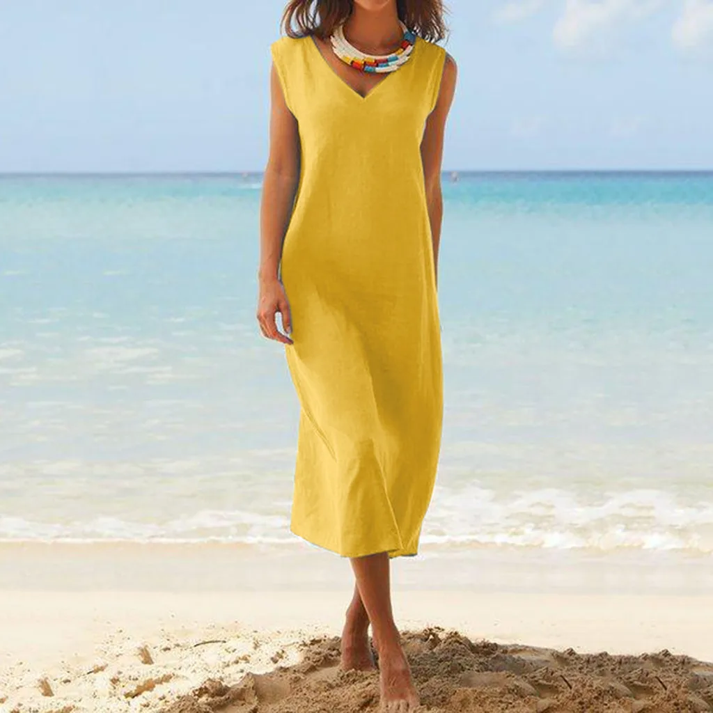 Fashsiualy 2019 Новое Женское летнее платье без рукавов с v-образным вырезом из хлопка и льна повседневные длинные пляжные макси платье