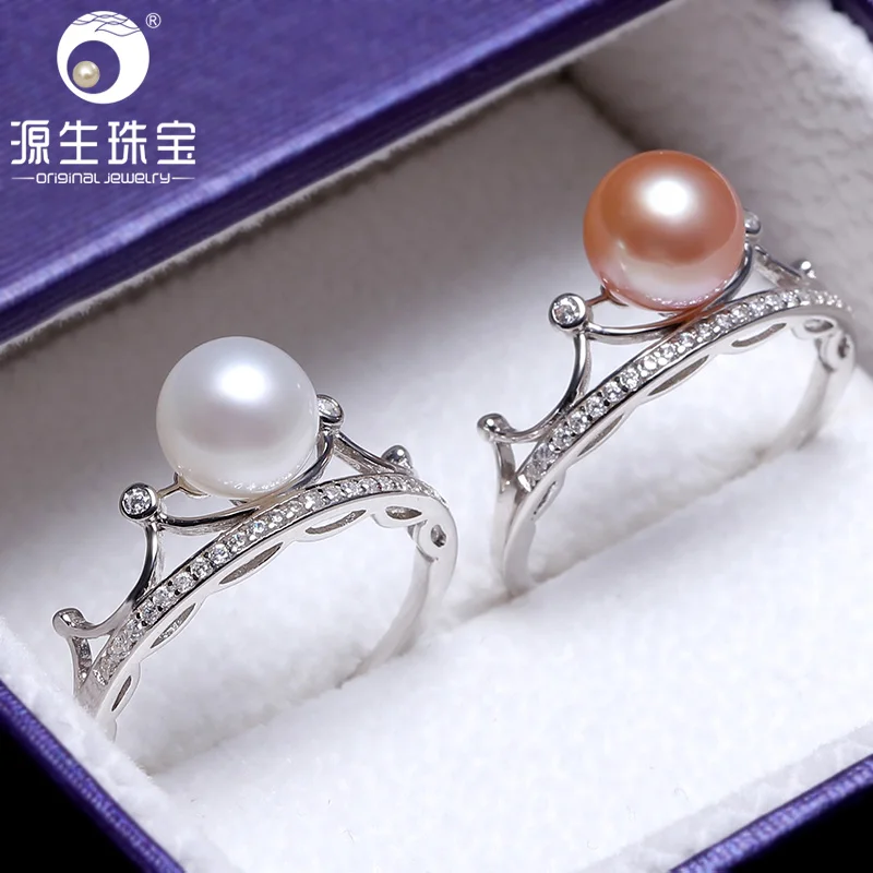

[YS] Silver Crown Ring 7-8 mm Natural Round Freshwater Pearl Ring Fine Jewelry Engagement Ring