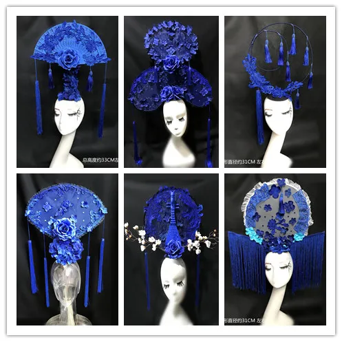 

Chinese red blue porcelain series tire catwalk models match headdress exaggerated tire colour makeup modelling hair accessories