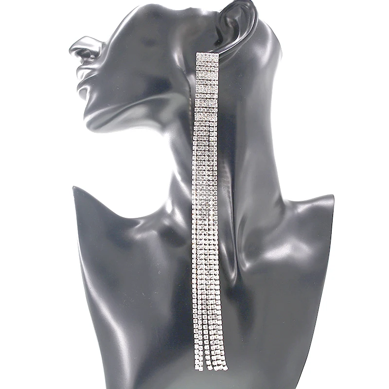 

New Fashion Luxury Silver Shiny Rhinestone Ctystal Long Tassel Drop Earrings Korean Baroque Retro Style Women Pendientes Jewelry