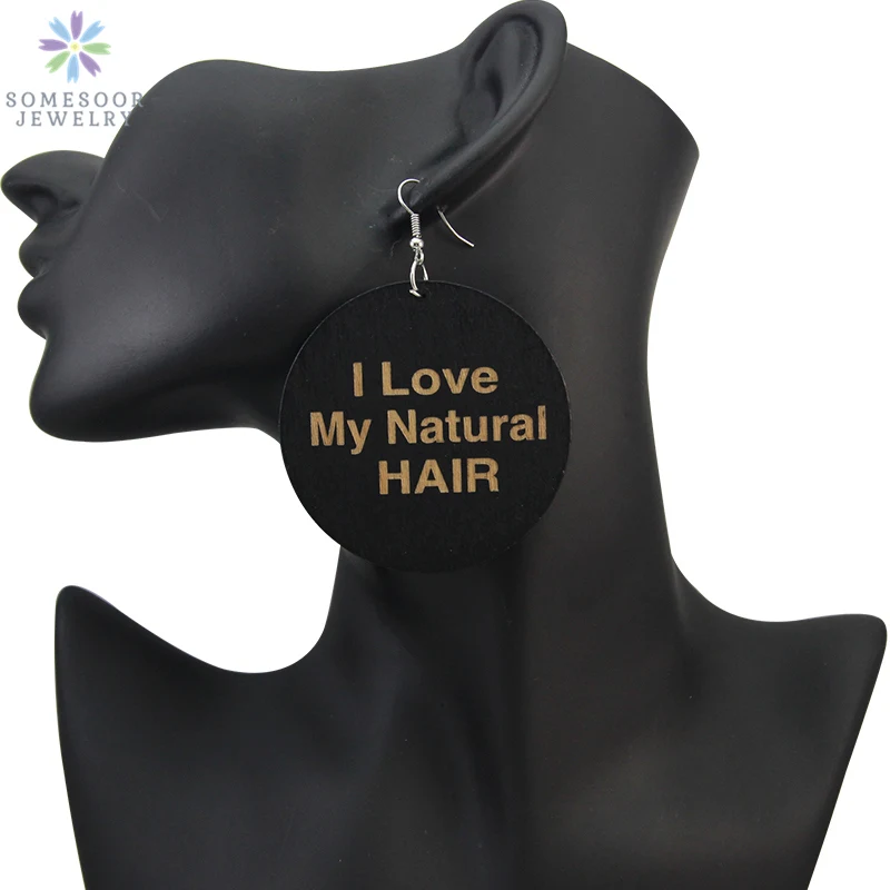

SOMESOOR Craved Personalized Africa Wood Drop Earrings I Love My Natural Hair Design AFRO Dangle Jewelry For Black Women Gift