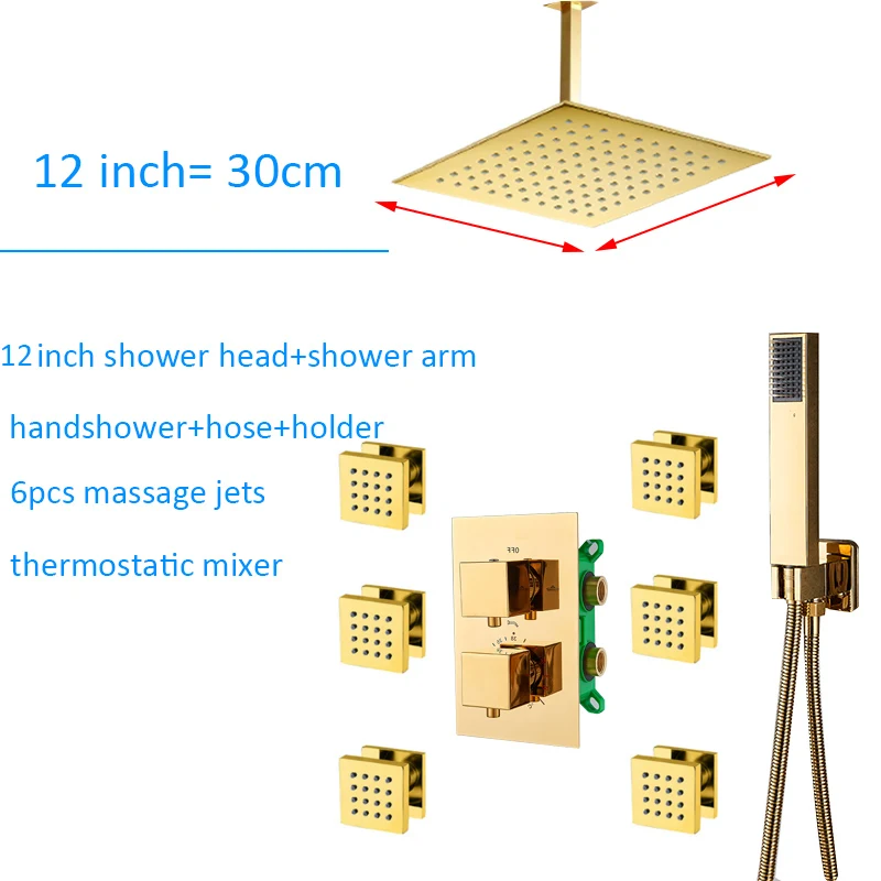 Quyanre Золотой Термостатический душ Набор смесителей 3-полосный встроенный Золотой Термостатический Смеситель кран с 6 шт. массажные струи для ванной Душевой набор - Цвет: 12 inch full set