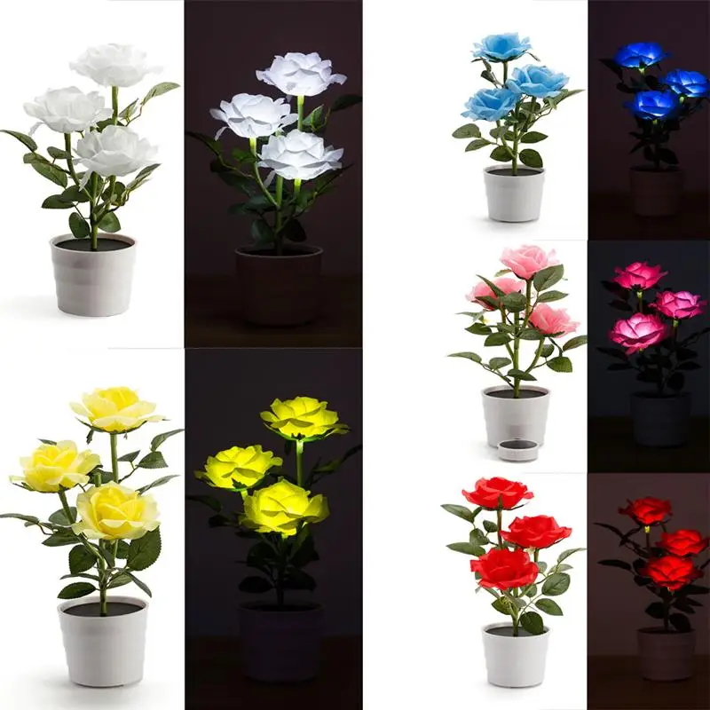 

Solar Rose Flower Lights LED Lighted Artificial Rose Pot with 3 Lights Flower Bonsai LED Light Lamp Nightlight