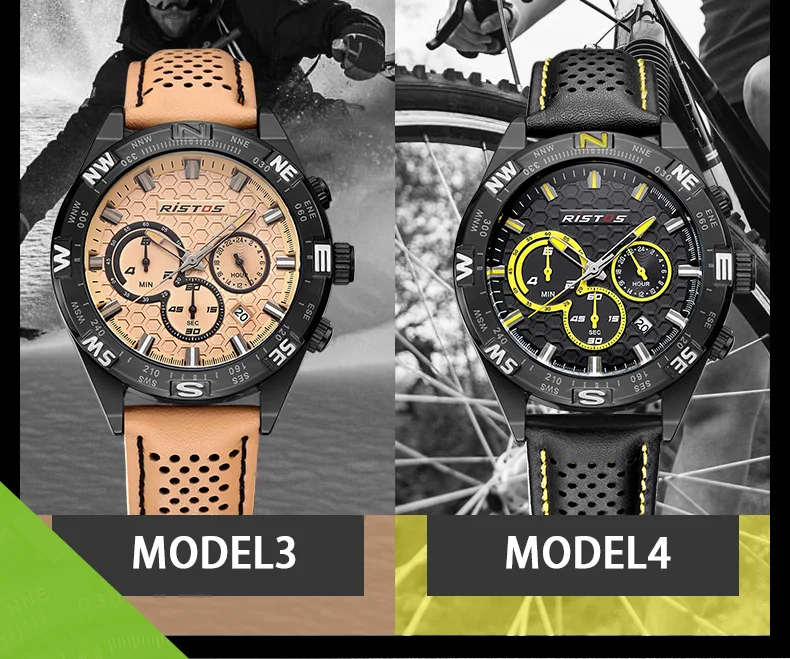 RISTOS, мужские спортивные часы с хронографом, кварцевые повседневные наручные часы из натуральной кожи, мужские часы 93002