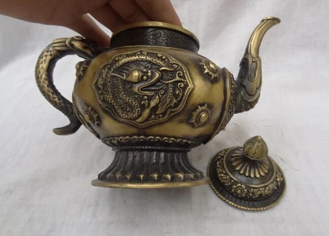 

S0273 9" Chinese Bronze Dragon Head Statue Tibet Buddhism Auspicious Wine Pot Teapot