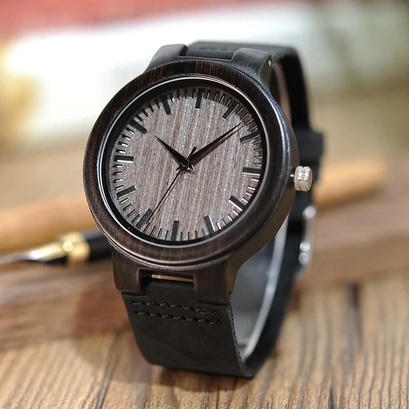 BOBO BIRD Men's Ebony Wood Watches Timepiece Genuine Leather Quartz Watch for Men Wrist Watch