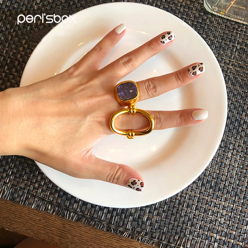 

Peri'sBox Gold Color Metal Lapis Lazuli Rings for Women Simple Geometric Hollow Rings Stackable Statement Ring Gift for Her