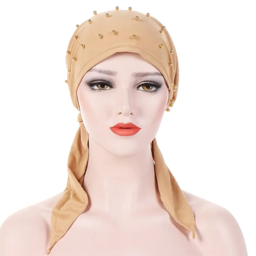 Fashion Solid Color Beading Tail Women Headwear Muslim Hijab Head Wrap