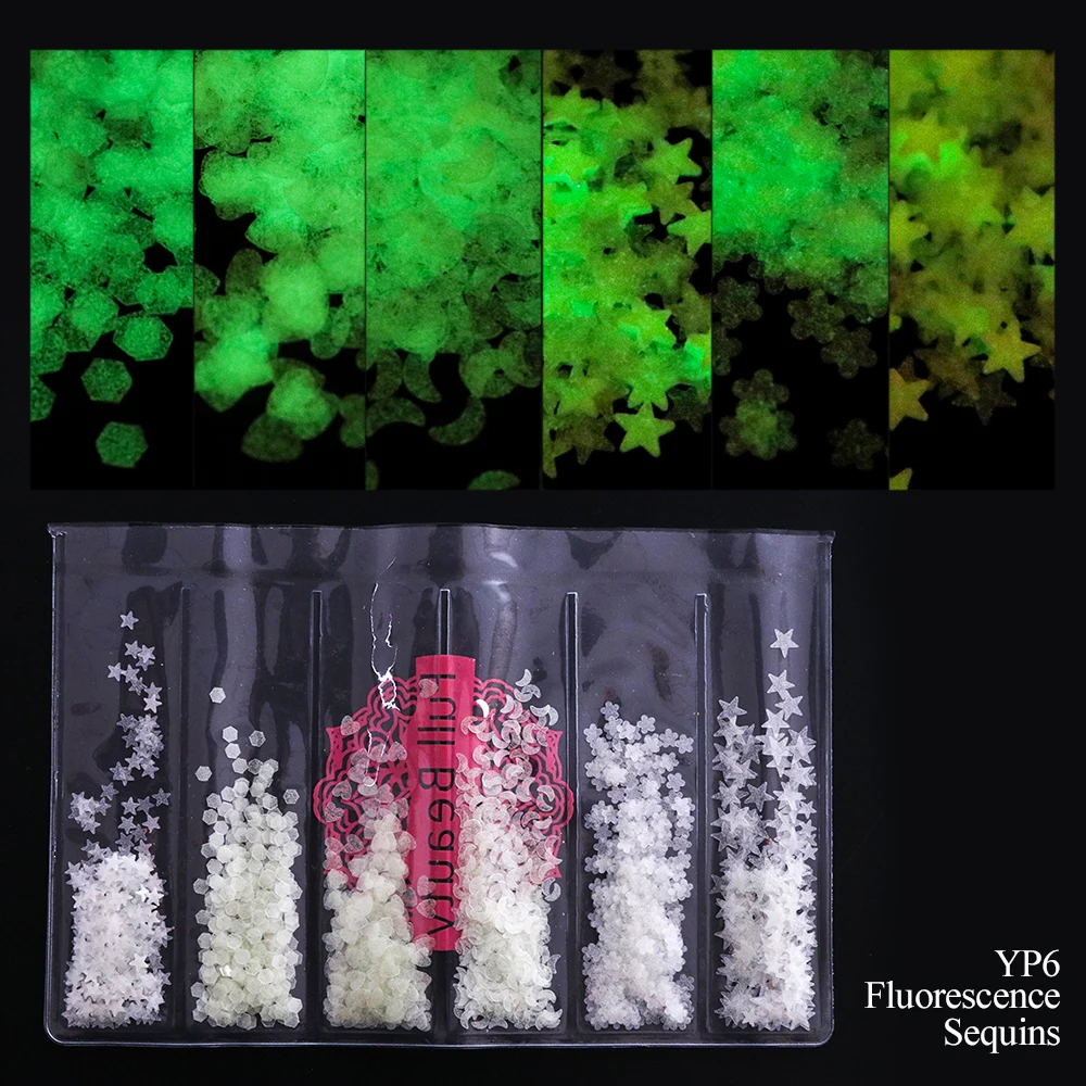 1 упаковка, светящиеся смешанные Блестки для ногтей, блестящий ромб, звезды, луна, Флуоресцентный порошок, 3d аксессуары для ногтей, светящиеся лаковые наконечники SAYP/A6