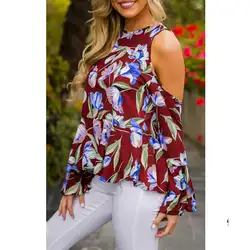 2018 Для женщин блузки женские повседневные с круглым вырезом Цветочный принт с короткими рукавами рубашка с открытыми плечами Blusas Feminina Топы