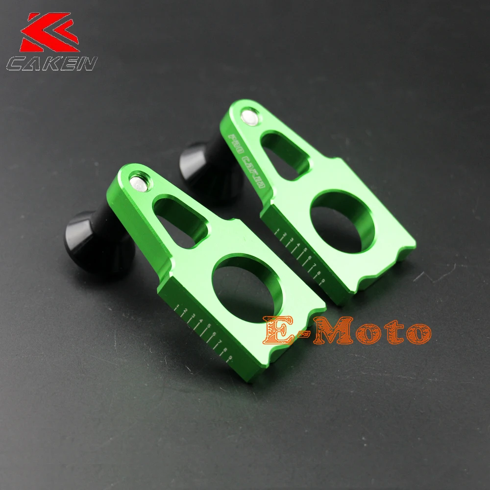 Green CNC Rear Chain Adjuster Axle Blocks With Spool Slider For KX125 KX250 KX250F KX450F KLX450R Enduro E-Moto