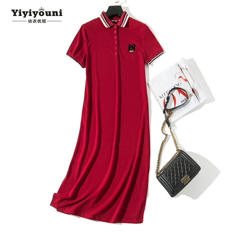 

Summer Midi Dog Appliques T Shirt Dress Women Polo Collar Button Split Sundress Navy Black Casual Loose Dresses Plus Size M-2XL