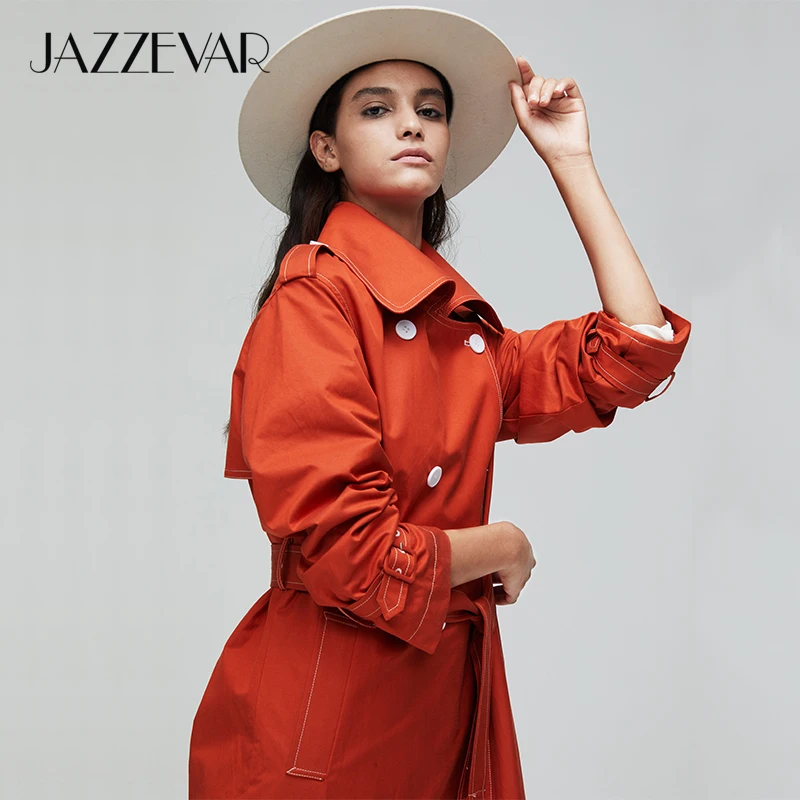 Koop JAZZEVAR2019 Nieuwe collectie herfst trenchcoat vrouwen top rode kleur katoen double breasted lange mode stijl met hoge kwaliteit 9020