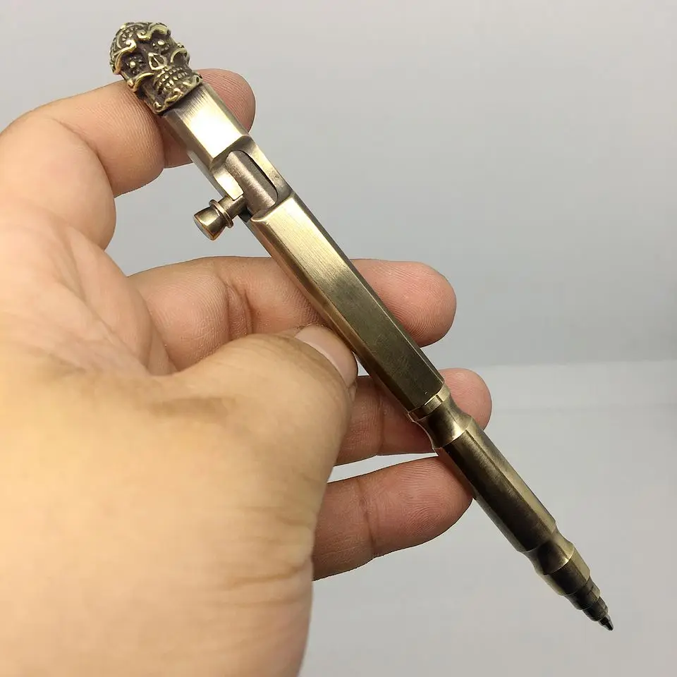 

Handmade Brass Lotus Skeleton Ballpoint Pen EDC Creative Retro Bolt Type Tactical Pen # F