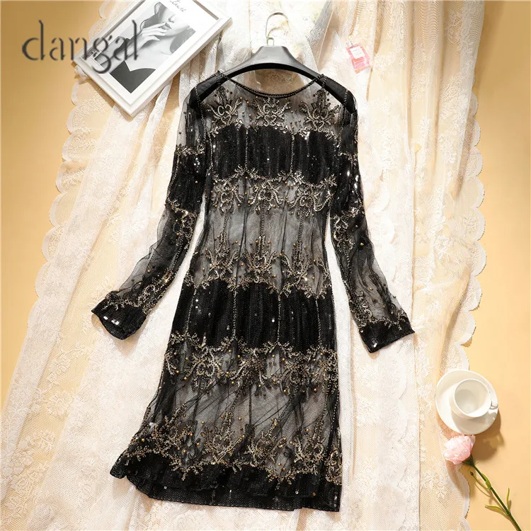 Dangal Sequin Luxury Women Dress Hip Hop Bling Heavy Beading Dress Women Dress Long Sleeve Sexy See-though Dresses For Party