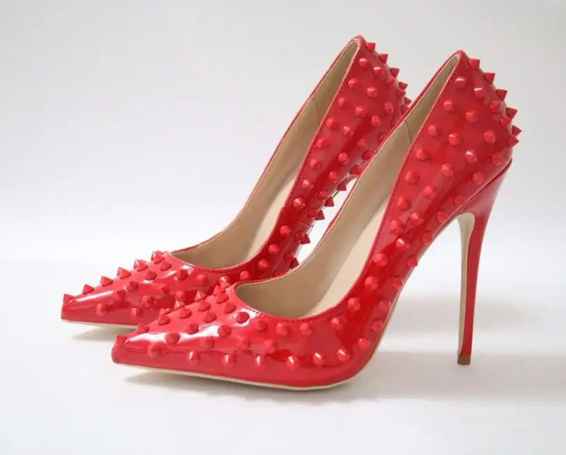 

Solid Red Pointed Toe Shallow 12cm Pumps Rivets Slip On Dress Shoes 10cm High Thin Heel Party Shoes
