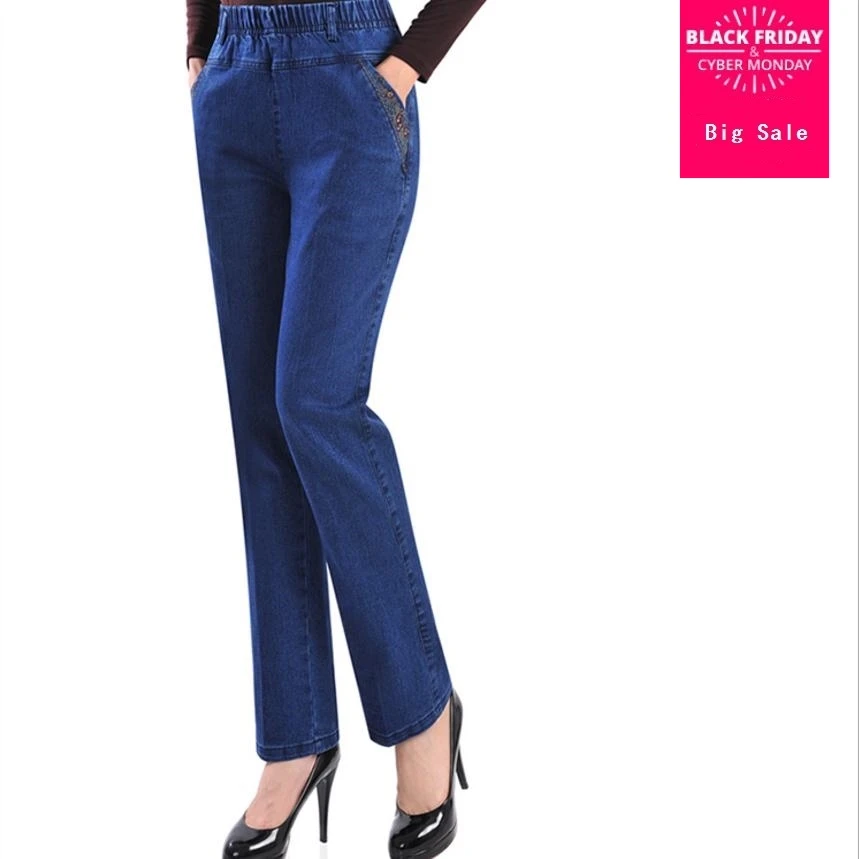 

2018 embroidery Pants Elegant Mother Denim Pants High Waist Jeans Straight Elastic Middle Age Plus Size velvet warm Jeans wj1965