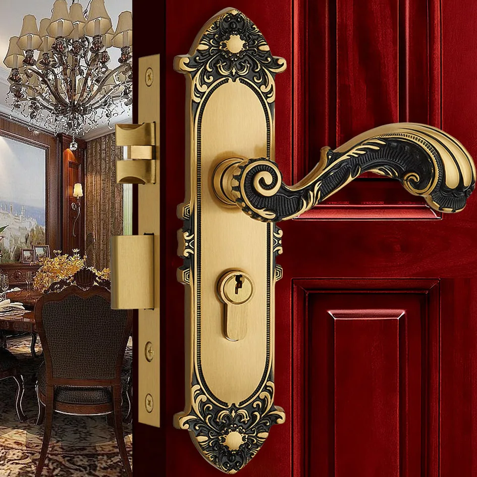  Europen Fashion Brass Golden Interior Solid Wood Panel Handle Lock Rose Golden Bedroom Bookroom Kit - 33057818983