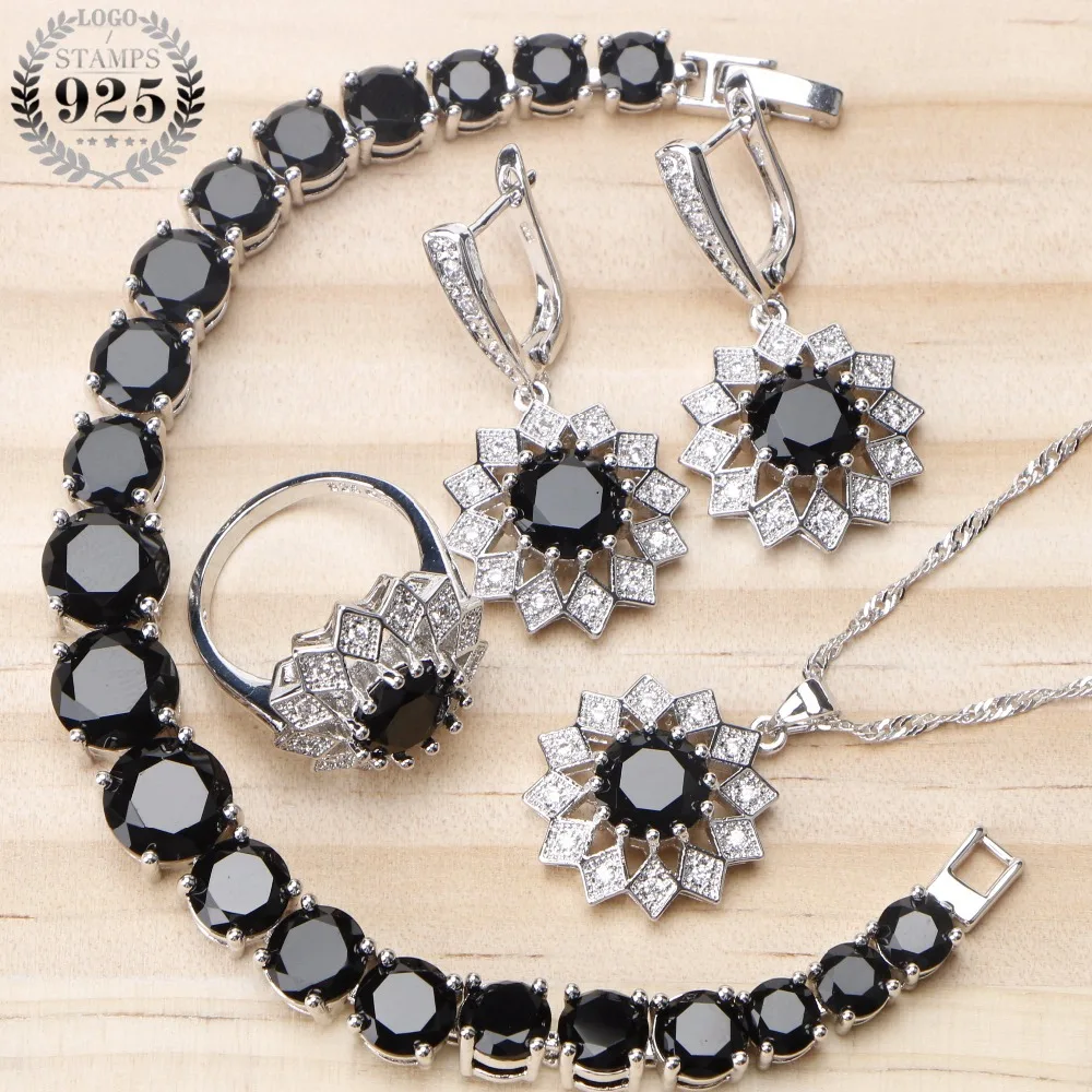 

Women Bridal Jewelry Sets Wedding 925 Sterling Silver Jewelry Black Zircon Earrings Rings Charms Bracelets Necklace Set Gift Box