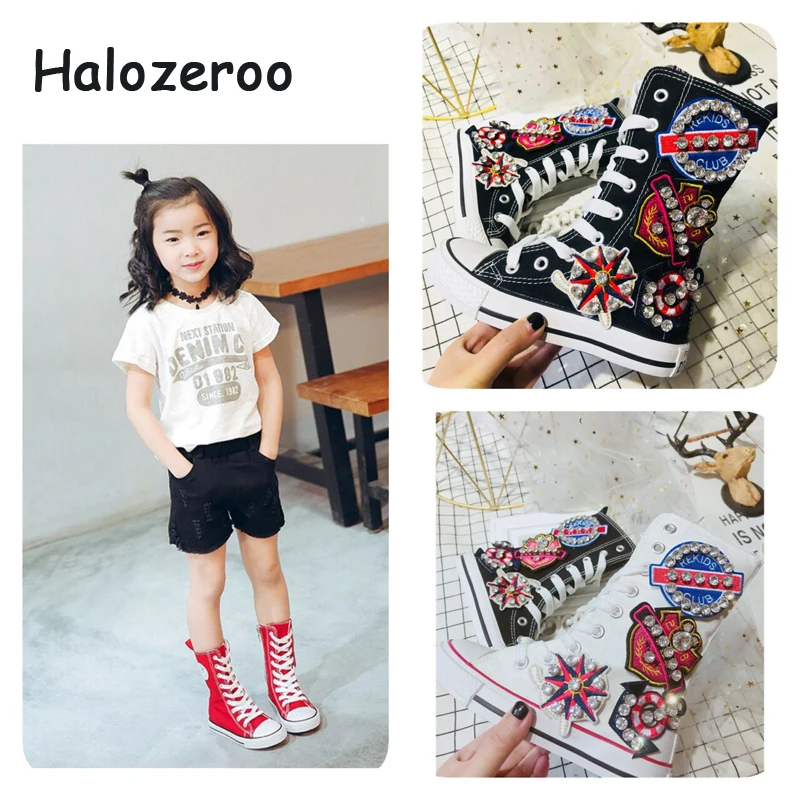  2019 Autumn New Children Rhinestone Sport Sneakers Kids High Top Casual Shoes Baby Girls Black Canv