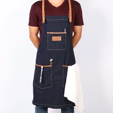 

WEEYI Handmade Shop Work Apron with Adjustable Genuine Leather Y Back Strap Black Blue Denim 3 Big Pockets Unique Style Unisex