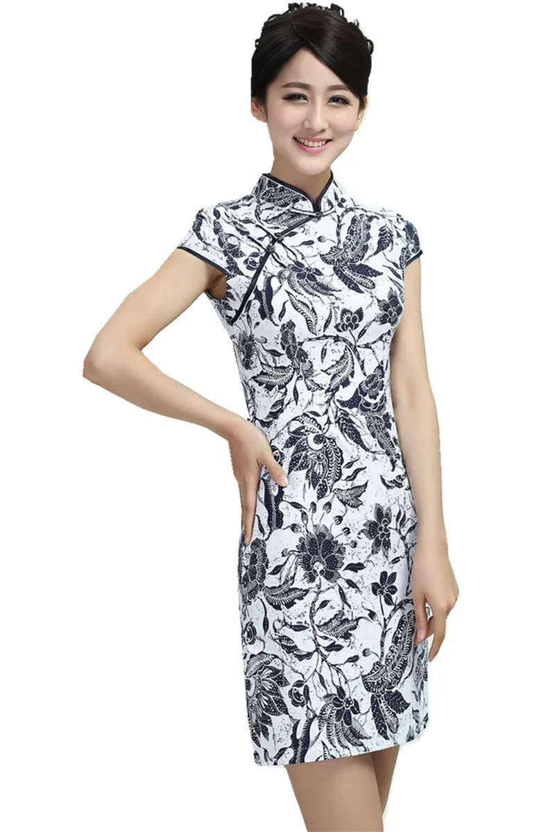 Shanghai Story hot sale cotton Linen Qipao Blue and white print dress ...