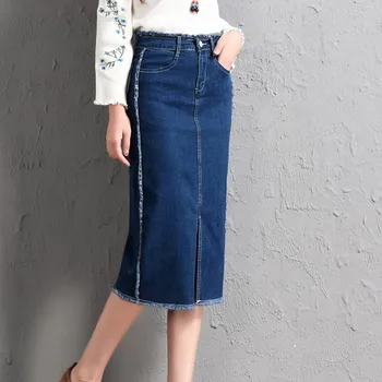 

Ladies Plus Size Side Tassel Blue Jeans Pencil Skirts Fringe Long Denim wrap hip skirt Slim Split Sexy Skirt For Women G121402