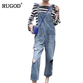 

RUGOD 2018 Autumn Boyfriend Jeans Overalls Women Vintage Ripped Hole Pocket Denim Pants Wild Cowboy Jeans Streetwear Befree