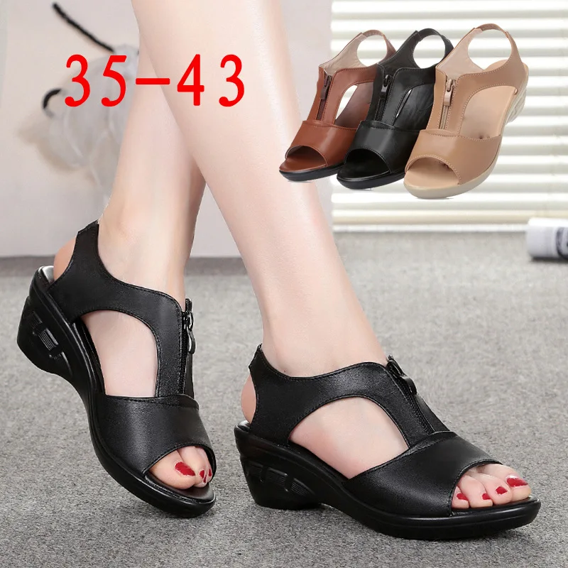 Women Wedge Sandals Mother Chunky Sandals Comfortable Ladies Sandals Shoes Zipper Genuine Leather Shoes Beach Summer Sandals