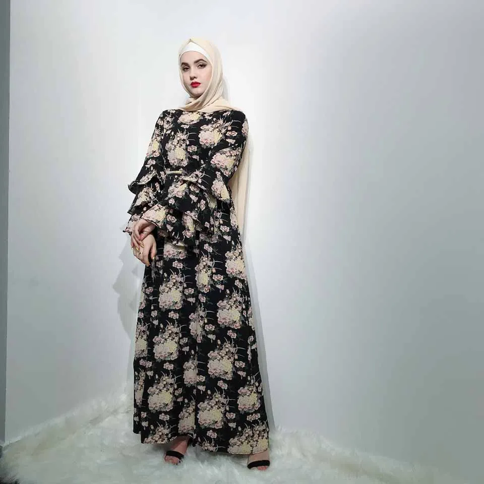 Летние мусульманские платья Новые 3 слоя с расклешёнными рукавами принт плюс Размеры длинные Абаи Мусульманская Мода Турецкий Ближний