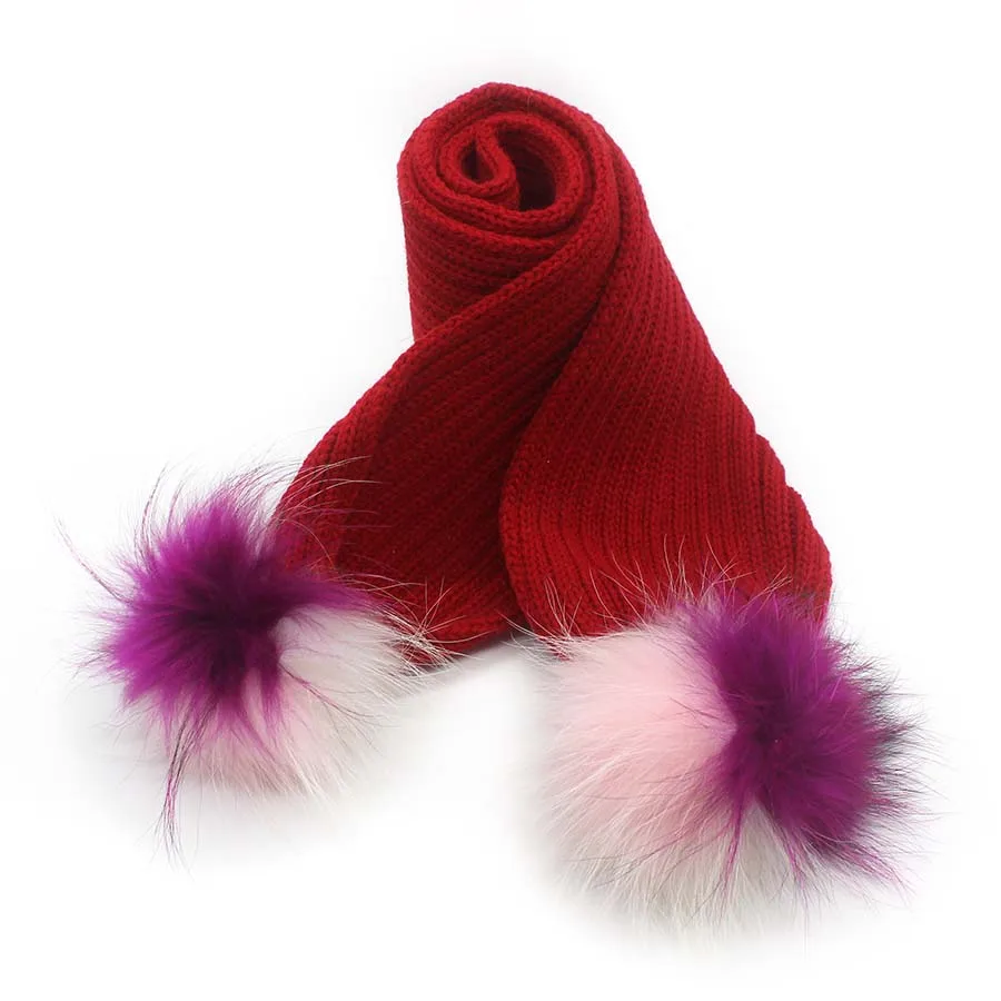 Детский зимний шарф со съемным натуральным мехом енота, помпоны для мальчиков и девочек, теплые шарфы с большим помпоном, меховой шарф - Цвет: Red5