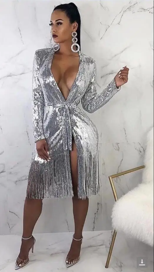 Высокое качество серебряная кисточка v-образным вырезом ремень длиной до колена модное платье вечернее платье Bodycon платье