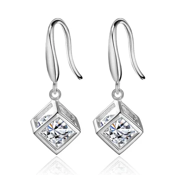 

100% 925 Sterling Silver Fashion Shiny Crystal Square Drop Earrings for Women Wholesale Jewelry Wedding Gift Drop Shipping