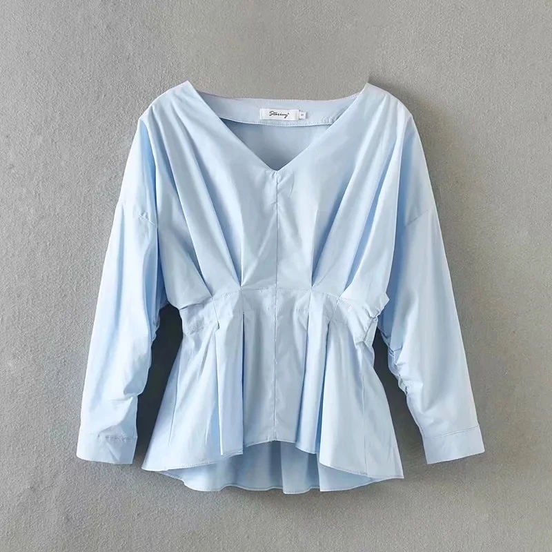 

Solid Color V Neck Pleated Smock Women Cotton Short Shirt Casual Long Sleeve Blouse Summer Style Tops Fashion Chemise S5550
