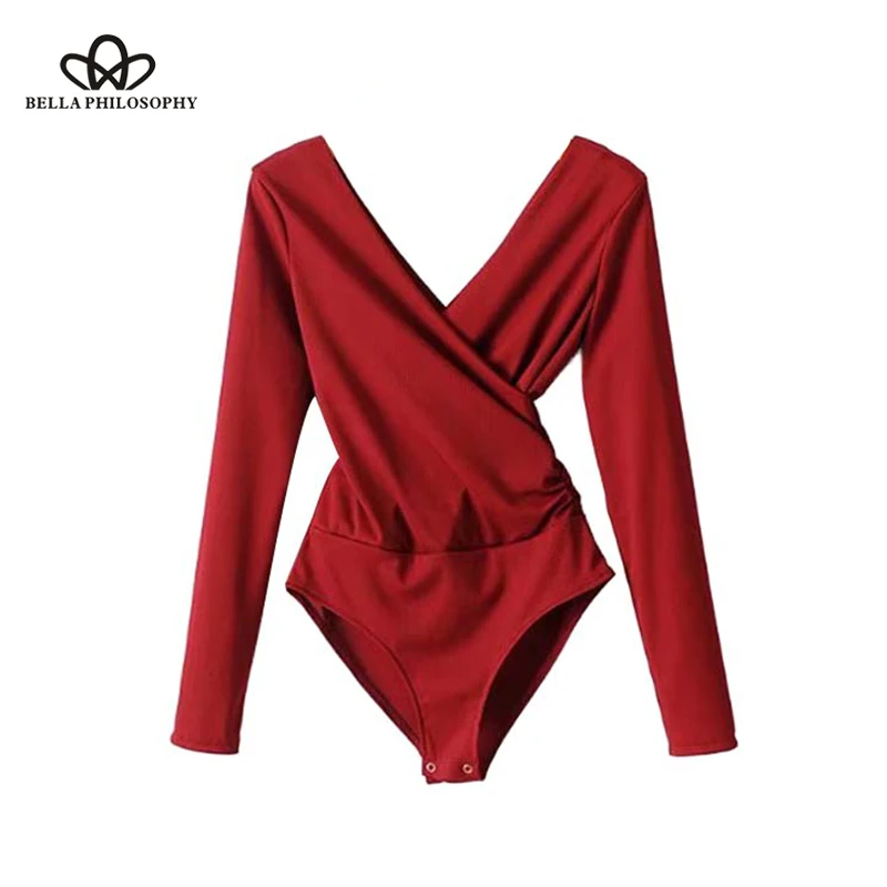 

Heydress new sexy women cross V neck knitted bodysuits elastic waist long sleeve stretchy playsuits solid female fashion tops