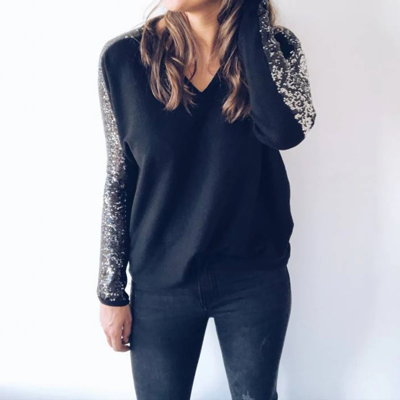 Woman Sequin Glitter T-shirt Fashion Women Long Sleeve V-Neck Casual Tee Tops Elegant Shirt Autumn Winter Pullover Lady T Shirts